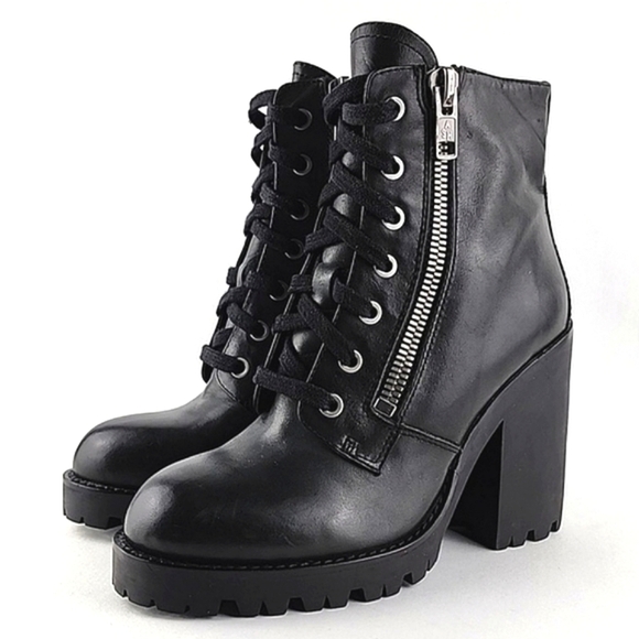 ASH Women's Poker Heeled Black Leather Chunky  Lace Up Dual Zipper Boots Size 37 - Picture 7 of 15